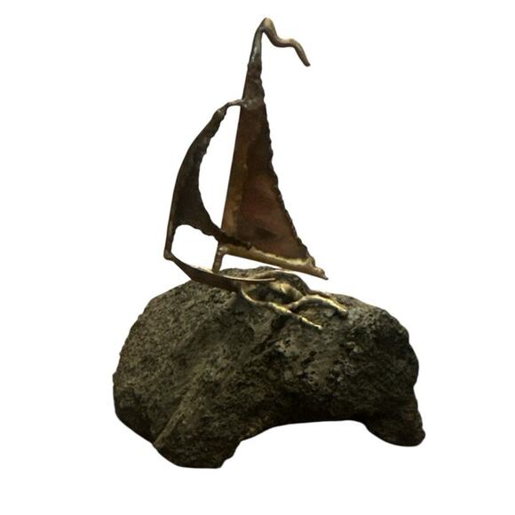 Vintage Brutalist Midcentury Modern MCM Sailing Boat Stone Metal Handmade Art - Picture 5 of 7